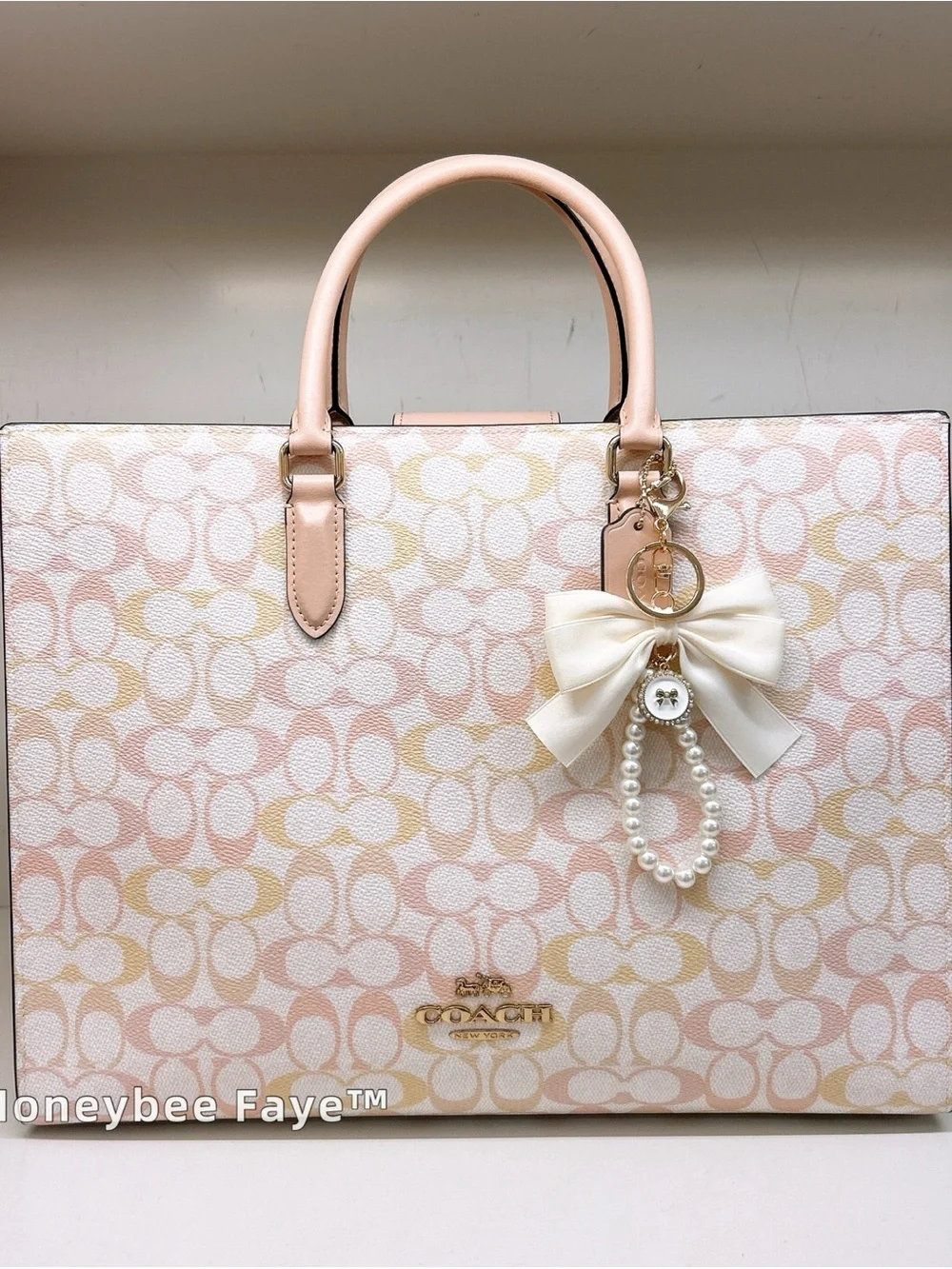 Coach Maggie tote Pink and Cream Signature Tote with Bow Pearl Charm large size